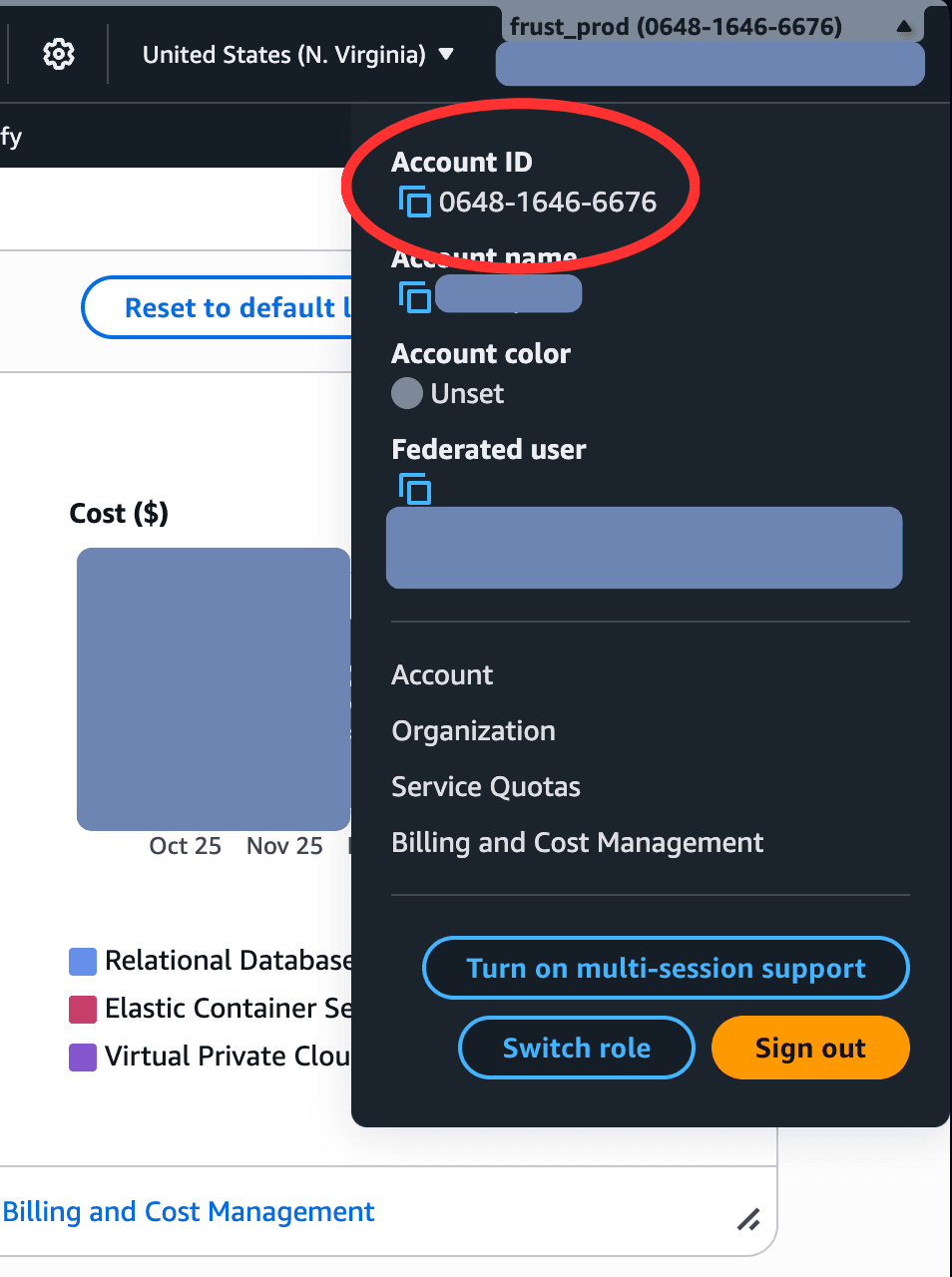 Encuéntralo en la esquina superior derecha de tu consola AWS, bajo el nombre de tu cuenta.